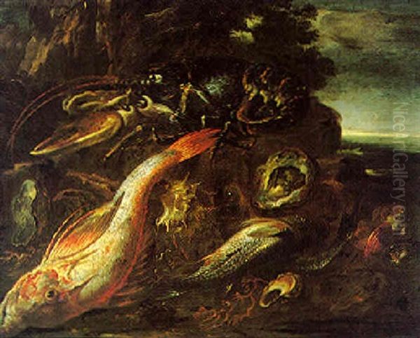 Still Life Of Fish And Shells In A Landscape, A View Of The Sea Beyond Oil Painting by Felice Boselli