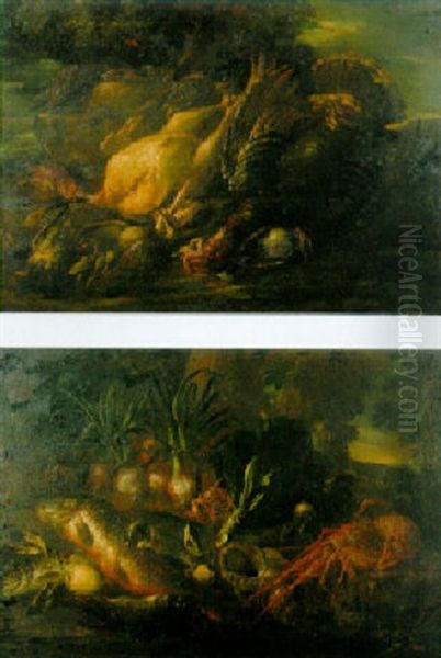 Two Turkeys And Other Dead Birds On A Rocky Bank Oil Painting by Felice Boselli