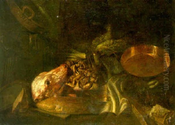 A Still Life Of A Flayed Calf's Head, Intestines And A Savoy Cabbage Oil Painting by Felice Boselli