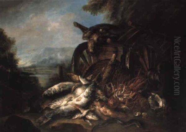 A Dead Falcon On A Barrow, Cod And Other Fish And Seafood On An Estuary Bank Oil Painting by Felice Boselli