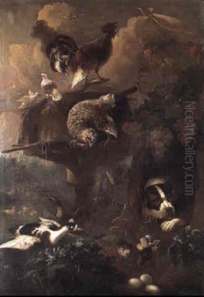 Domestic Fowl By A Dovecote In A Pond With A Dog Chained To A Kennel Oil Painting by Felice Boselli