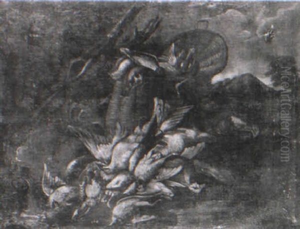 A Hunting Basket, Shotgun And Dead Birds By A Stream Oil Painting by Felice Boselli