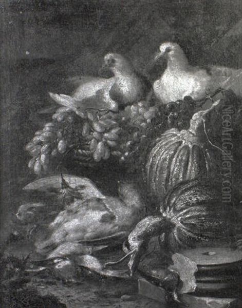 Doves Perched On A Basket Of Grapes, With Carnations And Bords On A Bank Oil Painting by Felice Boselli