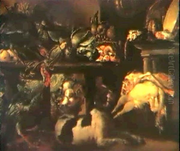 A Kitchen Still Life With Turkeys, Meat, Dead Game... Oil Painting by Felice Boselli