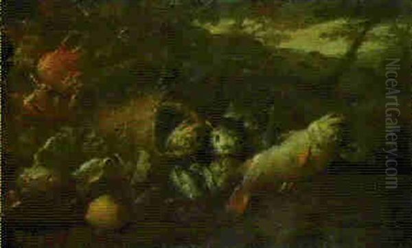 Natura Morta Con Pesci, Crostacei E Gatto Oil Painting by Felice Boselli