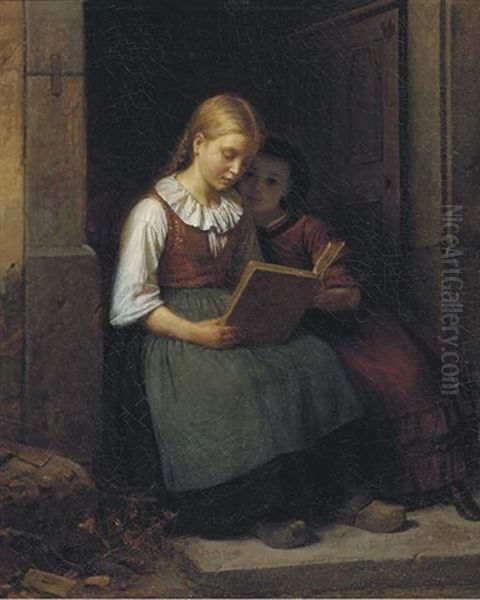 Reading On The Doorstep Oil Painting by Karl Friedrich Boser