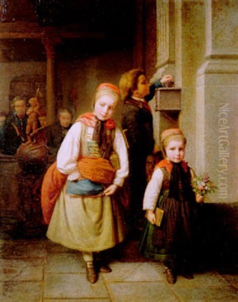 Der Opferstock. Ein Knabe Und Zwei Madchen Aus Der Kirche Kommend Oil Painting by Karl Friedrich Boser