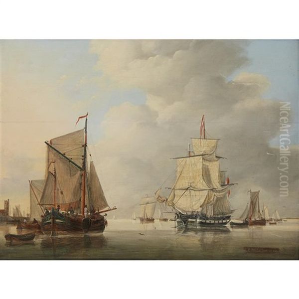 Ships In Harbor Oil Painting by Jan Hendrik Boshamer