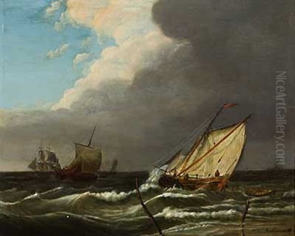 Segelschiffe Vor Der Kuste Oil Painting by Jan Hendrik Boshamer