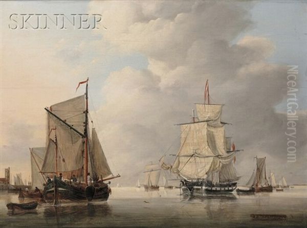 Vessels In A Calm Port Oil Painting by Jan Hendrik Boshamer