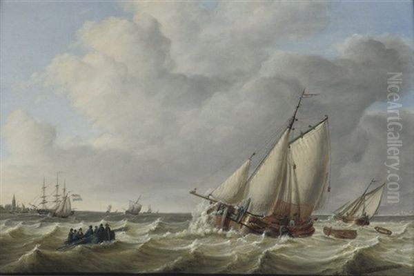 Sailing Vessels In Choppy Seas Oil Painting by Jan Hendrik Boshamer