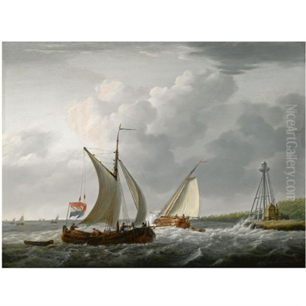 Sailing Vessels Off The Coast Oil Painting by Jan Hendrik Boshamer