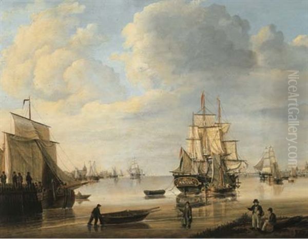 Moored Vessels, Dutch Three-masters And A Rowing Boat In A Calm, A City Beyond Oil Painting by Jan Hendrik Boshamer