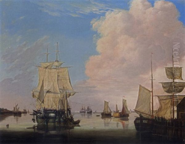 A River Estuary With A Moored Threemaster Under Sail, Sailors Disembarking Into A Boeier, Other Boats And Threemasters In The Background Oil Painting by Jan Hendrik Boshamer