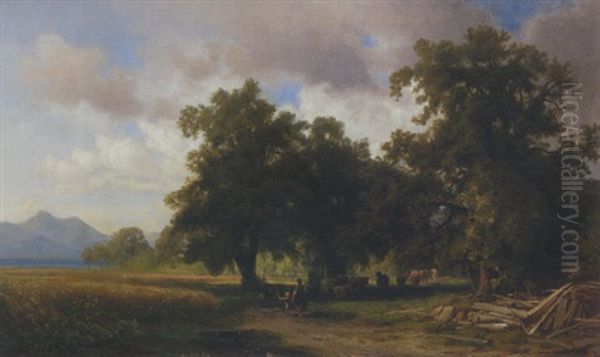 Hirtin Mit Kuhen In Chiemseelandschaft Oil Painting by Wilhelm Boshart