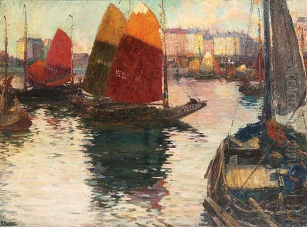 Bateaux De Moules Hollandais Ammares Dans Le Port D'anvers Oil Painting by Rene Bosiers