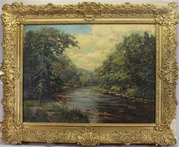 Painting Of A Lush Spring River Landscape With Mountains In The Background Oil Painting by Robert Ward Van Boskerck