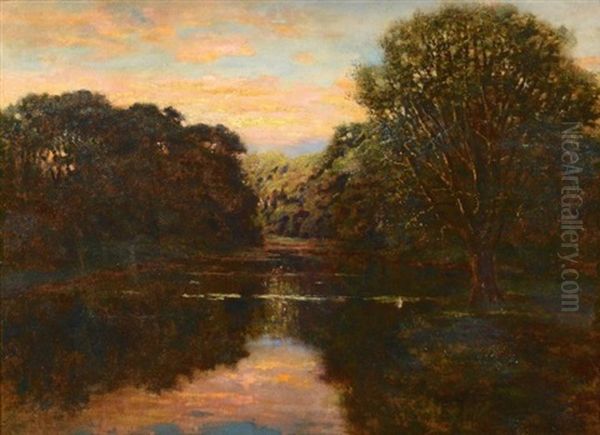 Riverscape, Lakeview At Sunset Oil Painting by Robert Ward Van Boskerck