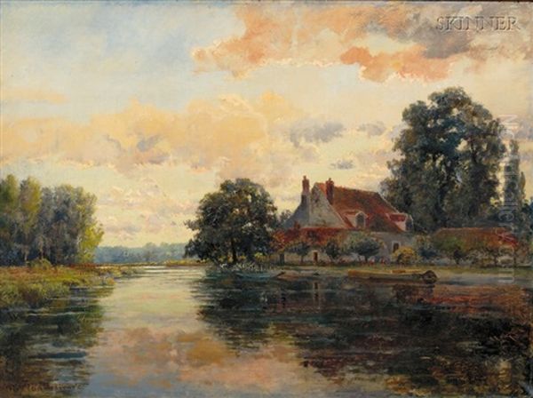 Cottage On A River, Sunset Oil Painting by Robert Ward Van Boskerck