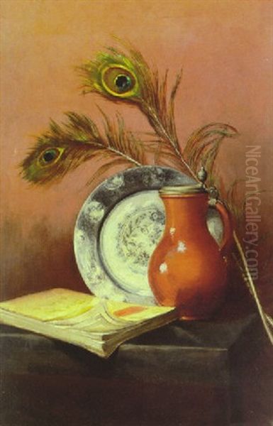 Still Life With Ceramic Plate And Peacock Feathers On A Ledge Oil Painting by Robert Ward Van Boskerck