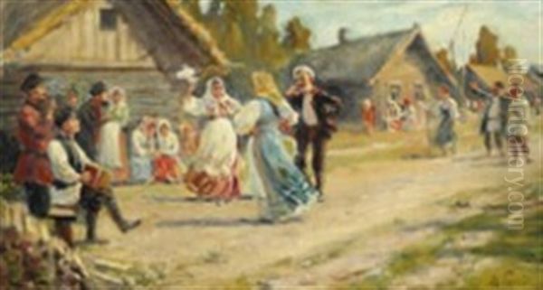 Russian Country Scene With Peasants Dancing Oil Painting by Michail Vasilievitch Boskin