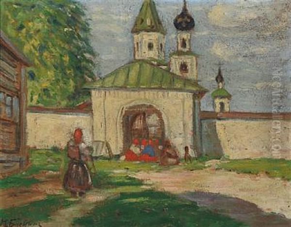 Russian Women At A Church Oil Painting by Michail Vasilievitch Boskin