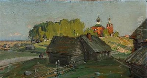 Russian Countryside On A Sunday Morning. Church-goers On Their Way To The Church Oil Painting by Michail Vasilievitch Boskin