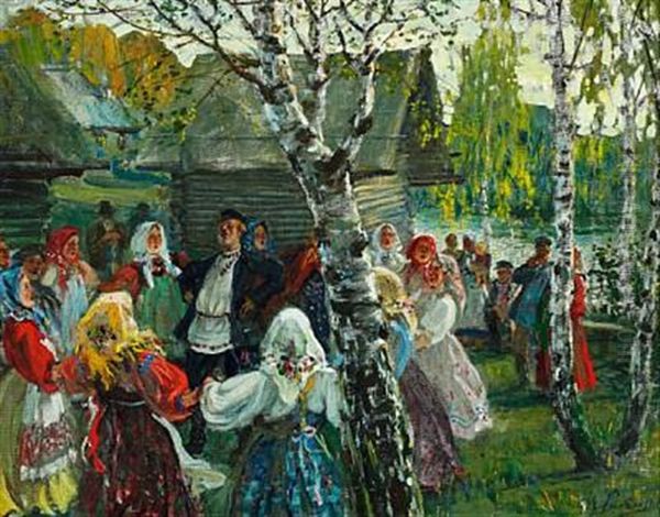 Russian Country Scene With Singing Peasants Dancing Khorovod (round Dance) Oil Painting by Michail Vasilievitch Boskin