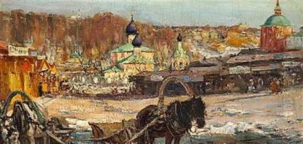 A Horse Cart In Front Of A Russian Town Oil Painting by Michail Vasilievitch Boskin