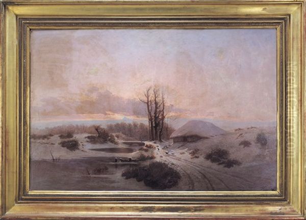 Paesaggio Innevato Al Tramonto Con Veduta Del Monviso Oil Painting by Giacinto Corsi di Bosnasco