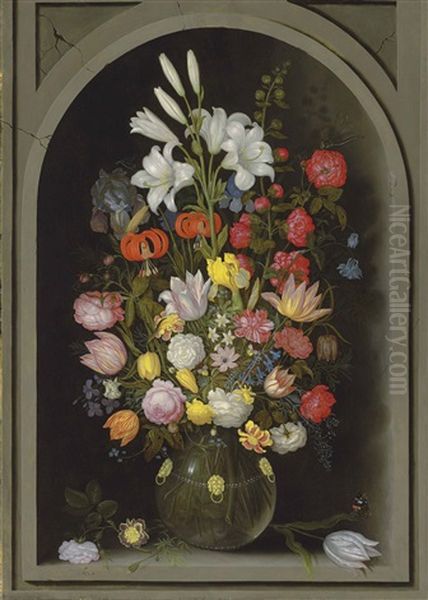 Flowers In An Ornamental Glass Vase In A Niche Oil Painting by Ambrosius Bosschaert the Elder