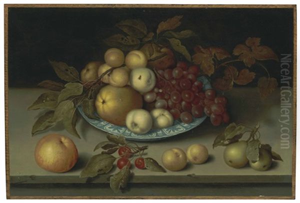 Peaches, Apples, Apricots And Grapes In A Wan Li Bowl With Cherries, Pears, Apricots And An Apple On A Ledge Oil Painting by Ambrosius Bosschaert the Elder