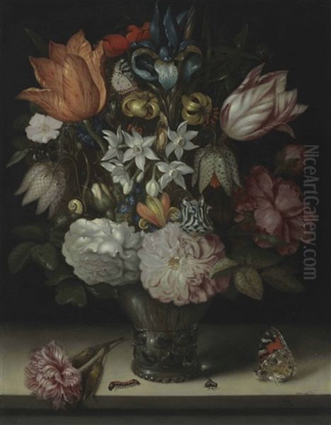 An Iris, Tulips, Narcissi, Roses And Fritillaries In A Glass Vase With Various Insects, On A Stone Ledge Oil Painting by Ambrosius Bosschaert the Elder