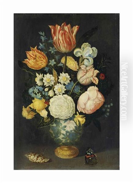 Flowers In A Gilt-mounted Wan-li Vase On A Ledge, With A Butterfly And Shell Oil Painting by Ambrosius Bosschaert the Elder