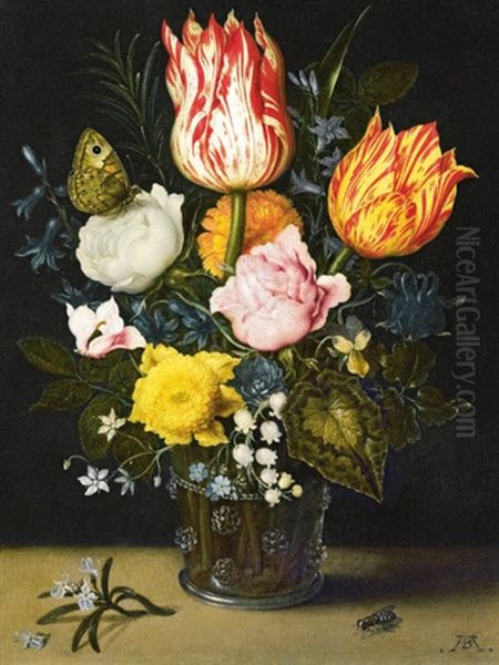 Still Life Of Flowers In A Berkemeijer Glass Beaker Decorated With Raspberry Prunts Oil Painting by Ambrosius Bosschaert the Elder