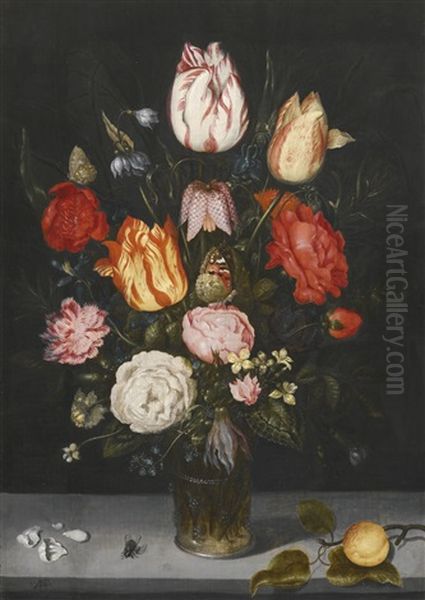 Still Life Of Flowers In A Glass Vase With A Peach, Fly And Petals On A Stone Ledge Oil Painting by Ambrosius Bosschaert the Elder