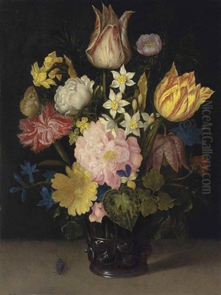 Parrot Tulips, A Rose, A Fritillary, Daffodils, Narcissi And Other Flowers In A Roemer, With A Meadow Brown Butterfly And A Fly, On A Stone Table Oil Painting by Ambrosius Bosschaert the Elder