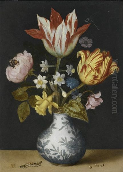 Still Life Of Flowers In A Wan-li Vase, Including Tulips, Narcissi, A Sweet-briar, Liver-leaf, Cyclamen, Wild Pansy And A Rose, With A Dragonfly, Bumblebee And Caterpillar by Ambrosius Bosschaert the Elder