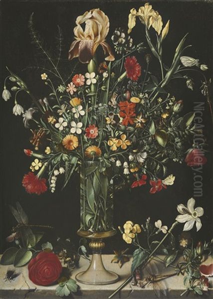 A Still Life Of Flowers, Including Irises, Narcissi, Lily-of-the-valley And Carnations, In A Tall Glass Vase Set On A Stone Ledge Oil Painting by Ambrosius Bosschaert the Elder