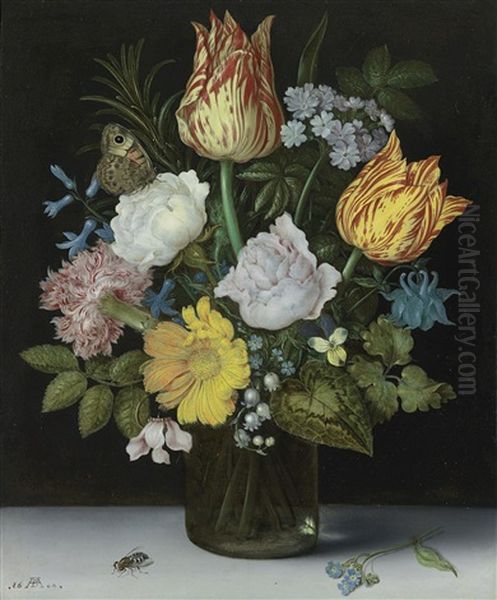 Still Life Of Variegated Tulips, Roses, A Hyacinth, A Primrose, A Violet, Forget-me-nots, A Columbine, Lily Of The Valley, A Cyclamen, A Marigold And A Carnation All In A Glass Vase, With A Butterfly And Housefly Oil Painting by Ambrosius Bosschaert the Elder