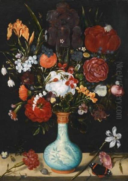 Still Life Of Roses, Marigolds, Aquilegia, Violets, Convolvulus, Hollyhocks Oil Painting by Ambrosius Bosschaert the Elder