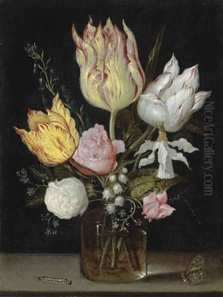 Tulips, Roses, Bluebells, Narcissus Tortuosis, Forget-me-nots, Lily Of The Valley And Cyclamen In A Flask On A Stone Ledge With A Caterpillar... Oil Painting by Ambrosius Bosschaert the Elder