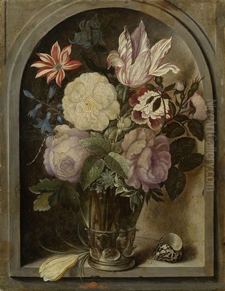 Roses, A Tulip, Hyacinths And Other Flowers In A Glass Roemer Beside A Crocus Flower And Shell In A Stone Niche Oil Painting by Ambrosius Bosschaert the Elder