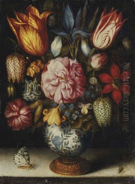 Bouquet De Tulipes, Rose, Iris, Oeillet Et Ancolie Dans Un Vase En Porcelaine Avec Un Papillon Et Une Mouche Sur Un Entablement En Pierre Oil Painting by Ambrosius Bosschaert the Elder