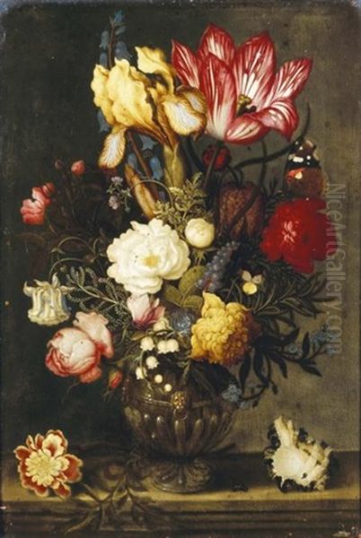 Bouquet De Fleurs Dans Un Vase De Bronze Pose Sur Un Entablement Pres D'un Coquillage Oil Painting by Ambrosius Bosschaert the Elder