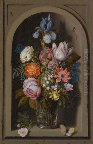 A Still Life Of Flowers In A Glass Beaker Set In A Marble Niche Oil Painting by Ambrosius Bosschaert the Elder