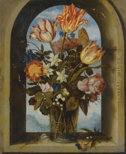 Still Life Of Tulips, Moss-roses, Lily-of-the-valley And Other Flowers In A Glass Beaker Set In An Arched Stone Window Opening, With A Distant Landscape Beyond Oil Painting by Ambrosius Bosschaert the Elder