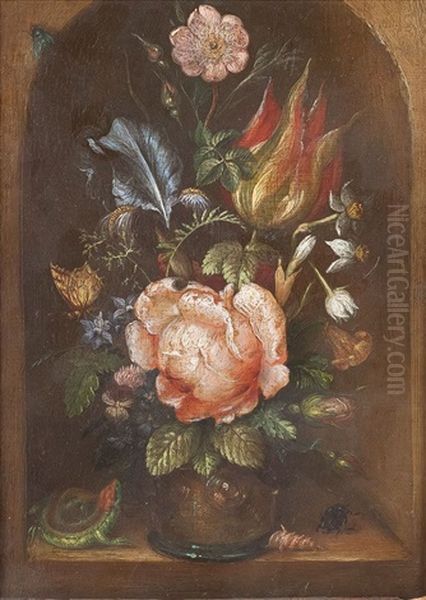 Blumenstuck Mit Eidechse, Muschel, Kafer Und Fliege Oil Painting by Ambrosius Bosschaert the Elder