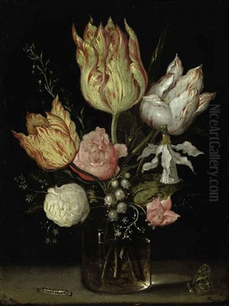 Tulips, Roses, A Bluebell, Narcissus Tortuosis, Forget-me-nots, Lily Of The Valley And Cyclamen In A Flask On A Ledge Oil Painting by Ambrosius Bosschaert the Elder