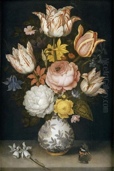 Blumenstrauss In Einer Vase Mit Tulpen, Rosen, Narzissen, Einer Akelei, Einem Alpenveilchen, Einer Ranunkel, Anemone Und Einem Roten Admiralsschmetterling Oil Painting by Ambrosius Bosschaert the Elder